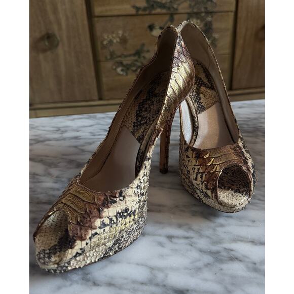 Christian Dior peeptoe gold python platform pumps - Picture 1 of 5
